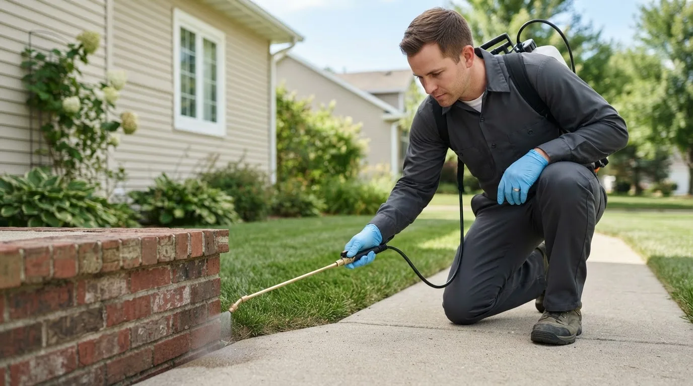 Pest control technician treating a home near Waynesville, IL