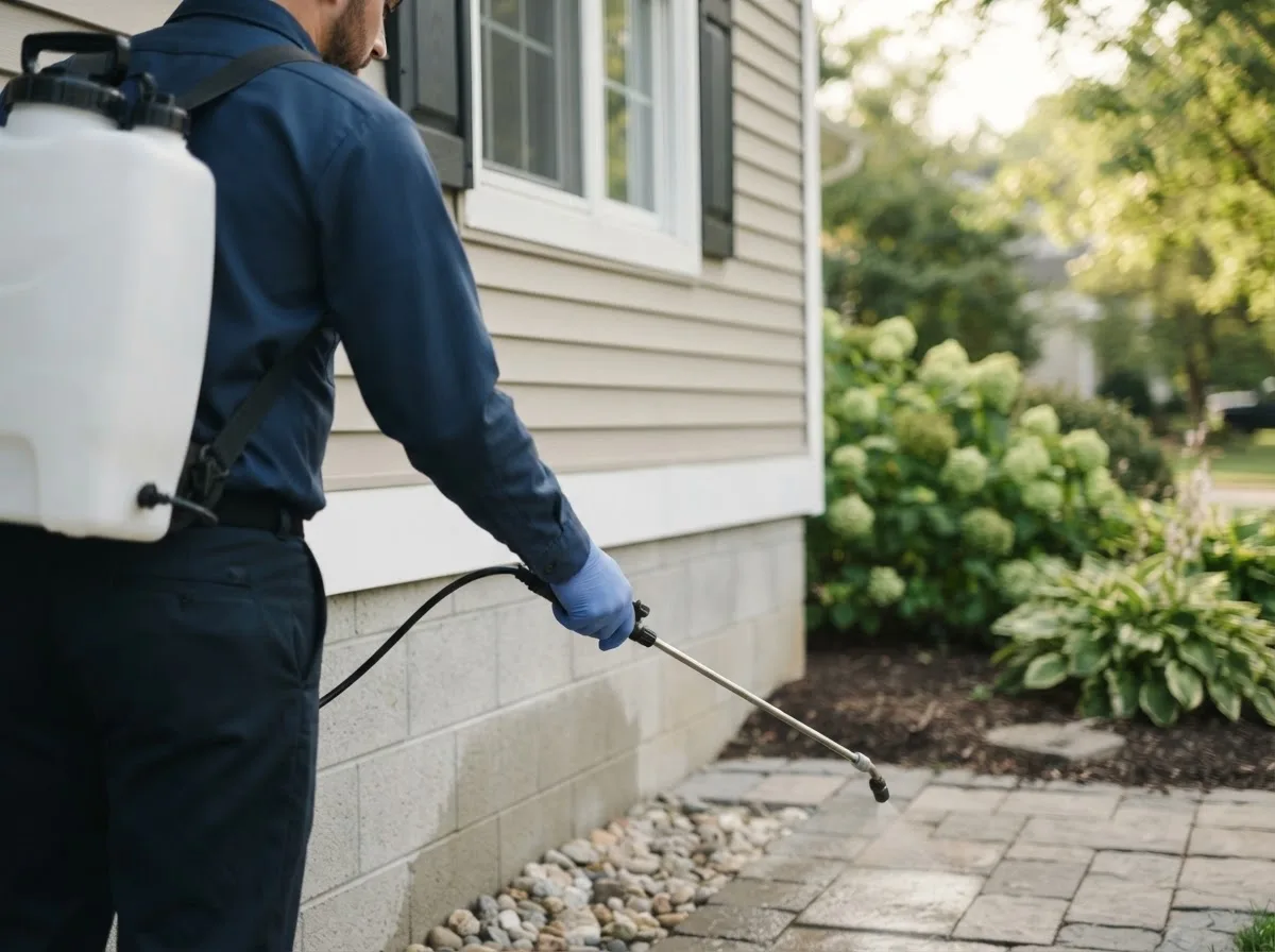 Pest control technician inspecting a home in Waynesville, IL
